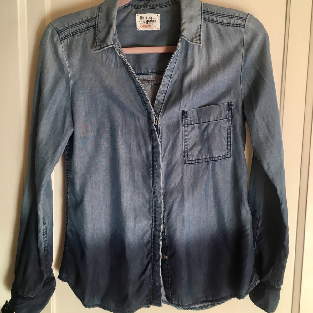 Anthropologie ombré Holding Horses denim shirt.
